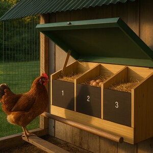 Chicken Nesting Box Plans, 3 Compartment Nest Bank Blueprint PDF with Roll Out Egg Tray Option, DIY Build, Cut List, Plywood Layout image 1
