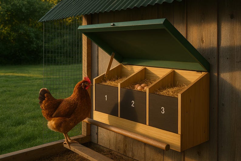 Chicken Nesting Box Plans, 3 Compartment Nest Bank Blueprint PDF with Roll Out Egg Tray Option, DIY Build, Cut List, Plywood Layout image 1