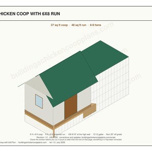6x8 Chicken Coop Plans for 6-9 Hens, Gable Hen House Blueprint PDF, DIY Backyard Build with Cut List and Covered Run Design image 3