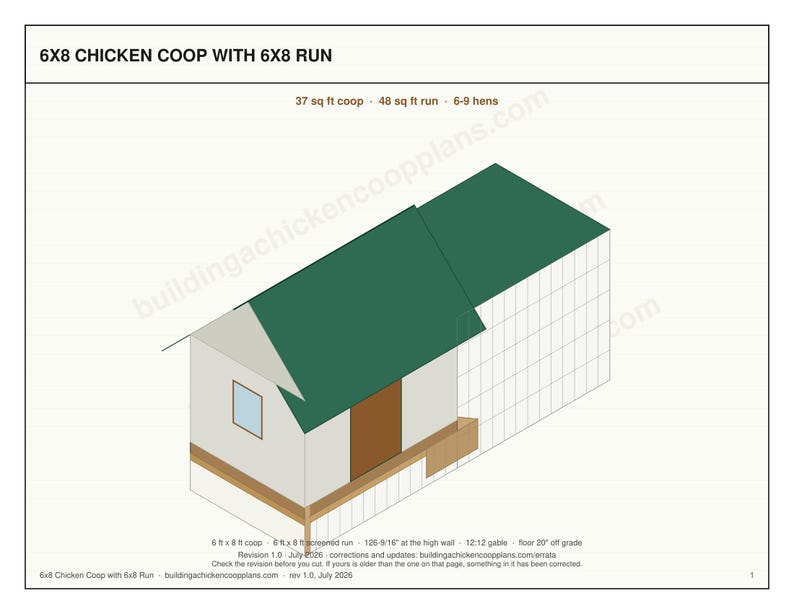 6x8 Chicken Coop Plans for 6-9 Hens, Gable Hen House Blueprint PDF, DIY Backyard Build with Cut List and Covered Run Design image 3