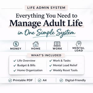 Puede incluir: Gráfico blanco con el texto "LIFE ADMIN SYSTEM" y "Everything You Need to Manage Adult Life in One Simple System". Incluye iconos de dinero, hogar, trabajo y carga mental, además de una lista de funciones incluidas.