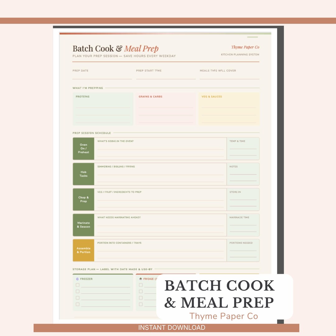 Meal Prep Planner Printable | Batch Cooking Session Planner With Fridge ...