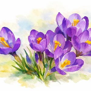 Peut inclure: Aquarelle représentant un groupe de fleurs de crocus violettes avec des centres jaunes et des tiges vertes. Les fleurs sont en pleine floraison, avec des pétales délicats et un fond flou de couleurs pastel.