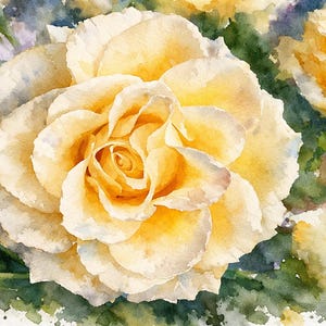 Könnte beinhalten: Aquarellmalerei einer großen, offenen gelben Rose mit mehreren Blütenblättern. Die Rose ist der Mittelpunkt, umgeben von grünem und violettem Laub. Das Kunstwerk hat einen weichen, künstlerischen Stil.