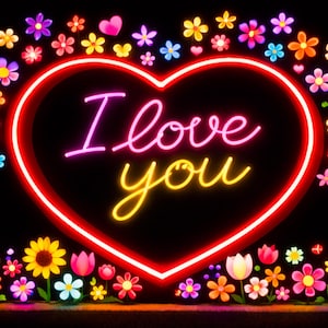 Könnte beinhalten: Neonschild mit roter Herzform und den Worten "I love you" in Pink und Gelb. Das Herz ist von bunten Blumen und Herzen auf schwarzem Hintergrund umgeben.