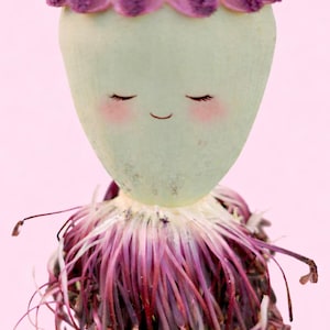 May include: A whimsical illustration of a plant pod with a smiling face, closed eyes, and rosy cheeks. The pod has a light green body, a purple, textured top, and a fringe of purple and brown filaments at the base, set against a pink background.