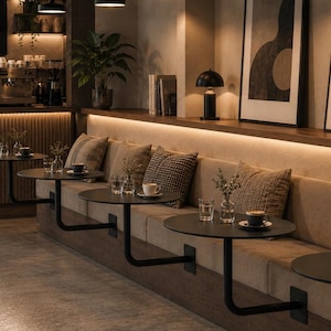 Puede incluir: Un interior de cafetería con un largo banco tapizado en beige y varias mesas pequeñas, redondas y de metal negro montadas directamente en la pared. Cada mesa tiene un pequeño jarrón de cristal con vegetación y una taza o plato de cerámica.