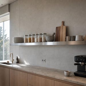 Peut inclure: Une cuisine avec une longue étagère flottante en acier inoxydable supportant une pile d'assiettes blanches, cinq bocaux en verre remplis de produits secs, un mortier en pierre, une planche à découper en bois et des tasses en céramique.
