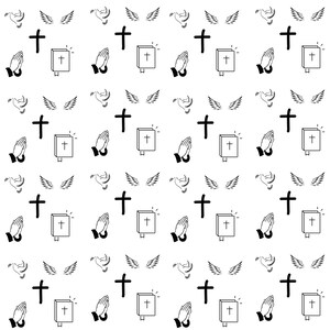 Op de afbeelding: Een herhalend patroon van religieuze symbolen op een witte achtergrond. Het ontwerp bevat zwarte kruisen, open boeken met kruisen, biddende handen, duiven en vleugels. Het algemene thema is religieus.