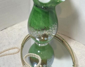 Hand Blown Green Swirl Art Glass Vase, Ruffled Rim Cottagecore Decor