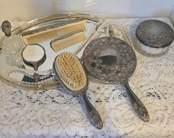 Vintage 7 Piece Silver Plated Vanity Set | Large Mirror Small Mirror Brush Comb Set | Powder Jar Perfume Bottle | Victorian Style Decor