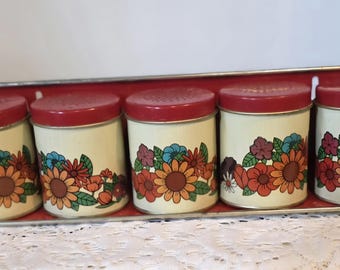 Vintage Floral Tin Canister Set with Rack, 1970s Spice Storage, Action Industries Brazil