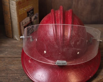 Vintage Plectron Red Fire Helmet with Face Shield | Mid Century Industrial Rescue Hard Hat