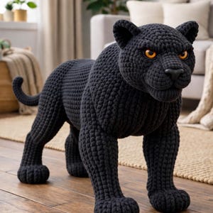 May include: A large, black crocheted panther sculpture with orange eyes. The handmade animal figure is posed in a standing position on a wooden floor. The panther has a long tail and detailed paws.