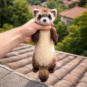 Puede incluir: Un peluche de hurón hecho a mano con cuerpo color crema, patas marrones y cola marrón. El hurón tiene una cara blanca con ojos oscuros y marcas marrones. El peluche se sostiene contra un fondo de árboles verdes y un tejado de tejas.