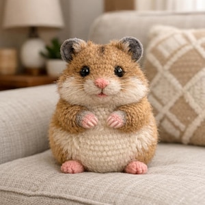 Puede incluir: Un juguete de hámster de peluche hecho a mano con un cuerpo marrón claro y crema. El hámster tiene ojos negros, nariz rosa y patas rosas. Está sentado en un sofá gris. El juguete está hecho de hilo suave y texturizado.