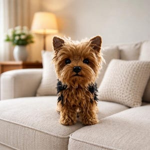 Op de afbeelding: Een kleine Yorkshire Terrier hond met bruine en zwarte vacht zit op een beige bank. De hond heeft een pluizige vacht en een alerte uitdrukking. De achtergrond omvat een lamp en decoratieve kussens.