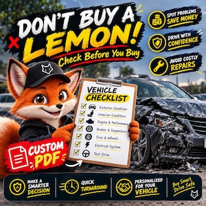 Puede incluir: Un zorro de dibujos animados con gorra negra sostiene un portapapeles con una lista de verificación de vehículos. El texto dice DON'T BUY A LEMON! CHECK BEFORE YOU BUY, VEHICLE CHECKLIST y CUSTOM PDF. Se ve un coche dañado al fondo.