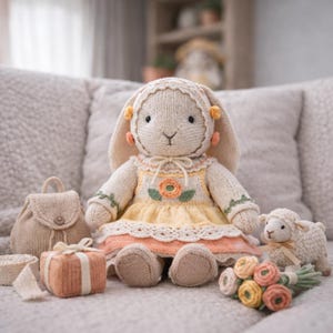 Puede incluir: Muñeca de conejo tejida a mano con un vestido amarillo con diseño floral y un gorro a juego. La muñeca tiene zapatos beige y está acompañada de una pequeña mochila, una caja de regalo, un cordero y un ramo de flores.