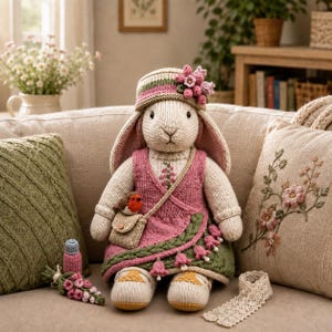 Könnte beinhalten: Eine gestrickte Kaninchenpuppe in einem rosa-grünen Kleid mit floralen Details, einem passenden Hut mit rosa Blüten und einer kleinen beigen Umhängetasche mit einem winzigen Vogel. Das Kaninchen hat lange Ohren, cremefarbenes Fell und Schuhe.