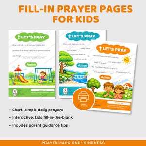 May include: Three colorful "Let's Pray" fill-in prayer pages for kids. The pages feature illustrations of a playground, a tree with a swing, and children. Text includes "Short, simple daily prayers," "Interactive: kids fill-in-the-blank," and "Includes parent guidance tips."