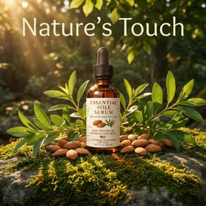 Puede incluir: Una botella de vidrio marr&oacute;n de Essential Sole Serum con un cuentagotas, rodeada de almendras y hojas verdes. El texto "Nature's Touch" est&aacute; en la parte superior. La botella est&aacute; sobre una roca musgosa.