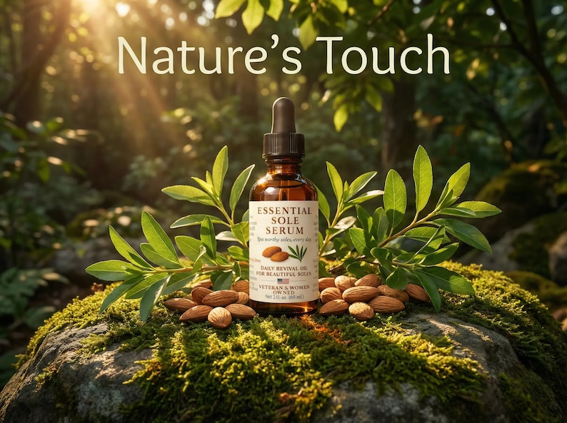 Puede incluir: Una botella de vidrio marr&oacute;n de Essential Sole Serum con un cuentagotas, rodeada de almendras y hojas verdes. El texto "Nature's Touch" est&aacute; en la parte superior. La botella est&aacute; sobre una roca musgosa.