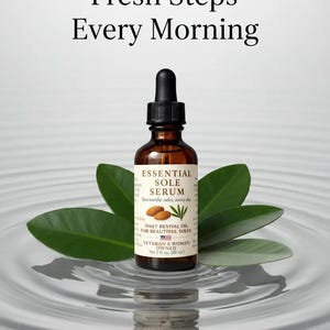 Puede incluir: Una botella de vidrio marr&oacute;n de Essential Sole Serum con un cuentagotas negro, rodeada de hojas verdes, sobre un fondo de ondas de agua. La etiqueta dice "Fresh Steps Every Morning". La botella contiene 60 ml.