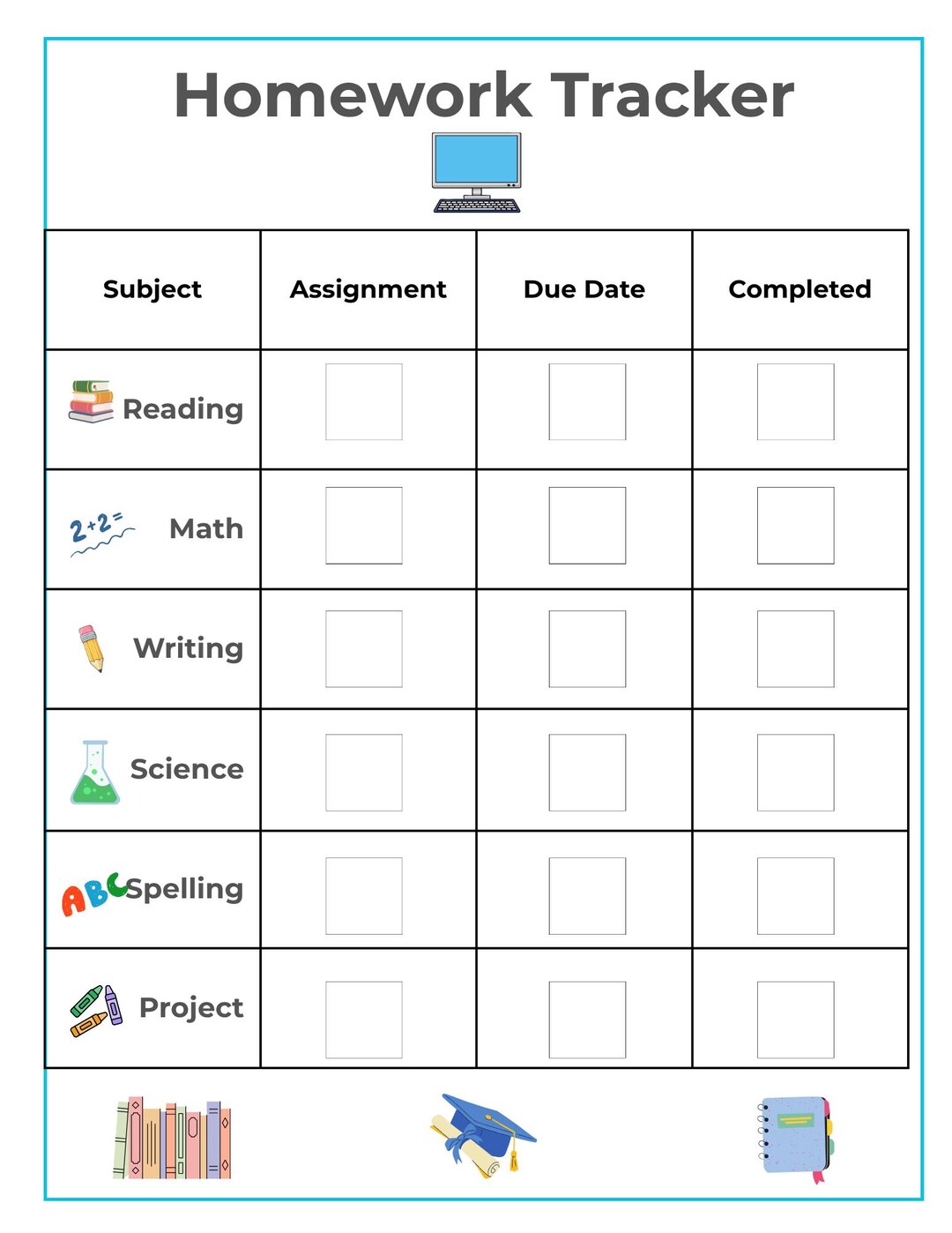 Homework Tracker Printable, Kids Assignment Log, School Work Organizer ...