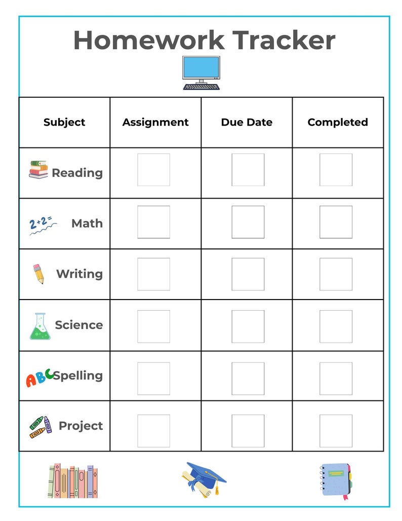 Homework Tracker Printable, Kids Assignment Log, School Work Organizer ...