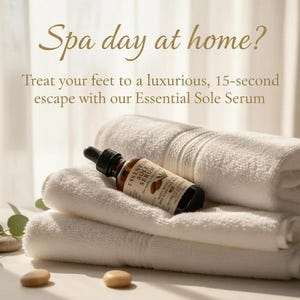 Puede incluir: Imagen con tem&aacute;tica de spa que presenta un frasco de Essential Sole Serum sobre una pila de toallas blancas. El texto "Spa day at home?" es visible, junto con informaci&oacute;n del producto. Tambi&eacute;n hay dos piedras lisas y vegetaci&oacute;n.