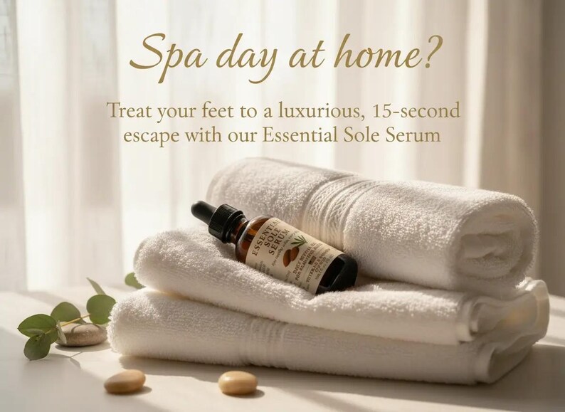 Puede incluir: Imagen con tem&aacute;tica de spa que presenta un frasco de Essential Sole Serum sobre una pila de toallas blancas. El texto "Spa day at home?" es visible, junto con informaci&oacute;n del producto. Tambi&eacute;n hay dos piedras lisas y vegetaci&oacute;n.