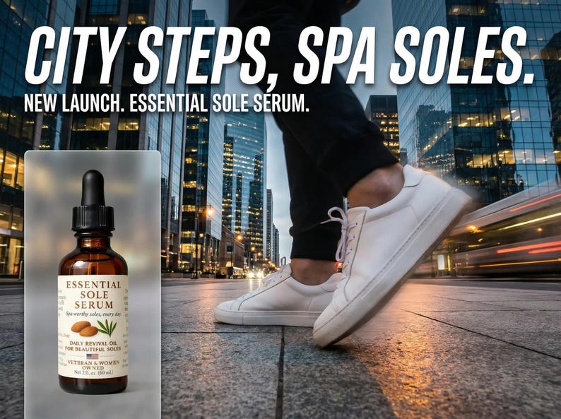 Puede incluir: Una botella de vidrio &aacute;mbar de Essential Sole Serum con un cuentagotas, junto a una persona con zapatillas blancas. El texto "CITY STEPS, SPA SOLES" est&aacute; en la parte superior. La botella de suero es de 59 ml.