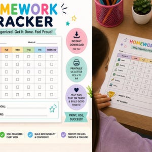May include: A printable homework tracker with the text "HOMEWORK TRACKER" in colorful letters. The tracker includes sections for subjects, days of the week, and a weekly goal section. The design is intended to help kids stay organized.