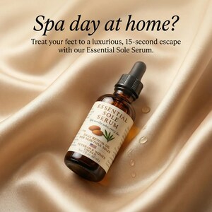 Puede incluir: Una botella de vidrio marr&oacute;n de Essential Sole Serum con un cuentagotas, sobre un fondo de tela sedosa y dorada. La etiqueta presenta texto e ilustraciones de almendras y una planta. El texto dice "Spa day at home?" y "Reg&aacute;late una lujosa escapada de 15 segundos."
