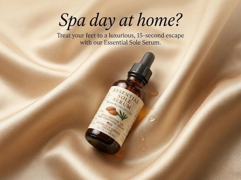 Puede incluir: Una botella de vidrio marr&oacute;n de Essential Sole Serum con un cuentagotas, sobre un fondo de tela sedosa y dorada. La etiqueta presenta texto e ilustraciones de almendras y una planta. El texto dice "Spa day at home?" y "Reg&aacute;late una lujosa escapada de 15 segundos."