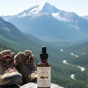 Puede incluir: Anuncio de Essential Sole Serum, con botas de senderismo y un frasco de suero sobre una roca. El texto dice "CONQUER EVERY TRAIL. Daily Active Performance" y "ESSENTIAL SOLE SERUM". El fondo presenta una cordillera.