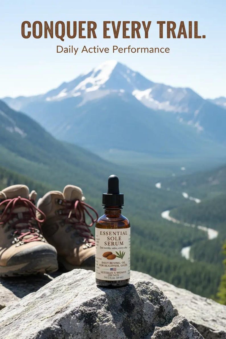 Puede incluir: Anuncio de Essential Sole Serum, con botas de senderismo y un frasco de suero sobre una roca. El texto dice "CONQUER EVERY TRAIL. Daily Active Performance" y "ESSENTIAL SOLE SERUM". El fondo presenta una cordillera.