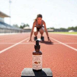 Puede incluir: Una botella de vidrio marr&oacute;n de Essential Sole Serum con un cuentagotas, colocada sobre un bloque de salida negro en una pista roja. La etiqueta incluye texto y una imagen de almendras y una planta. Una persona est&aacute; en el fondo, en posici&oacute;n de salida.