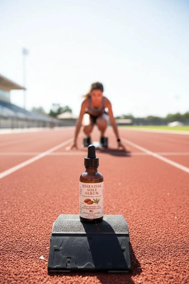 Puede incluir: Una botella de vidrio marr&oacute;n de Essential Sole Serum con un cuentagotas, colocada sobre un bloque de salida negro en una pista roja. La etiqueta incluye texto y una imagen de almendras y una planta. Una persona est&aacute; en el fondo, en posici&oacute;n de salida.