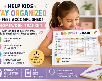 Planificador de tareas escolares para niños (imprimible) / Registro semanal de tareas (PDF de descarga instantánea)