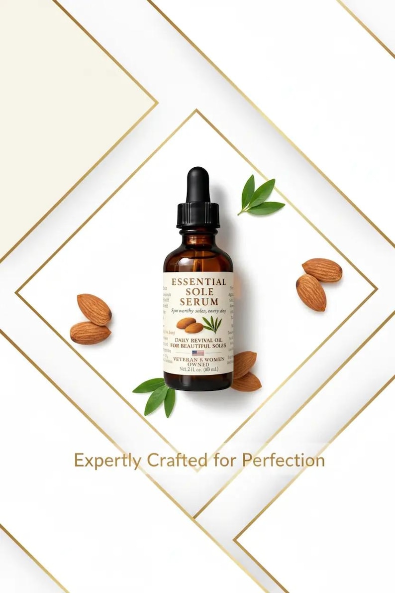Puede incluir: Una botella de vidrio marr&oacute;n de Essential Sole Serum con un cuentagotas negro, rodeada de almendras y hojas verdes. La etiqueta dice "Daily Revival Oil for Beautiful Soles". Tambi&eacute;n se ve el texto "Veteran & Women Owned".