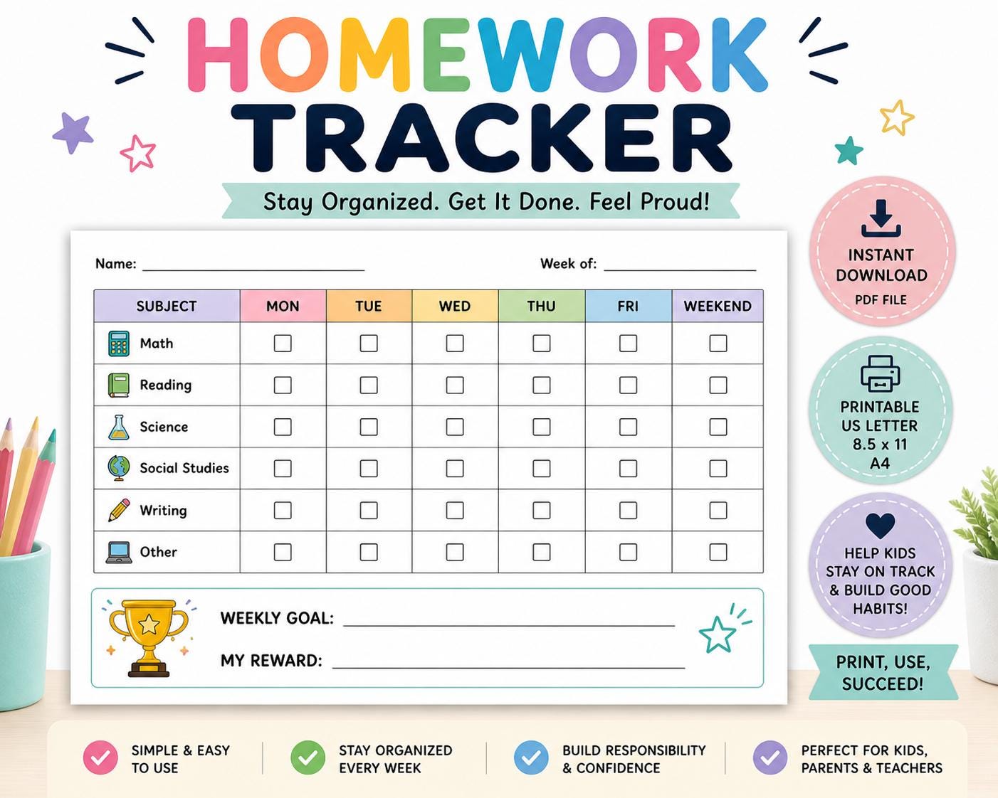 Homework Tracker Printable for Kids | Weekly School Assignment Log ...