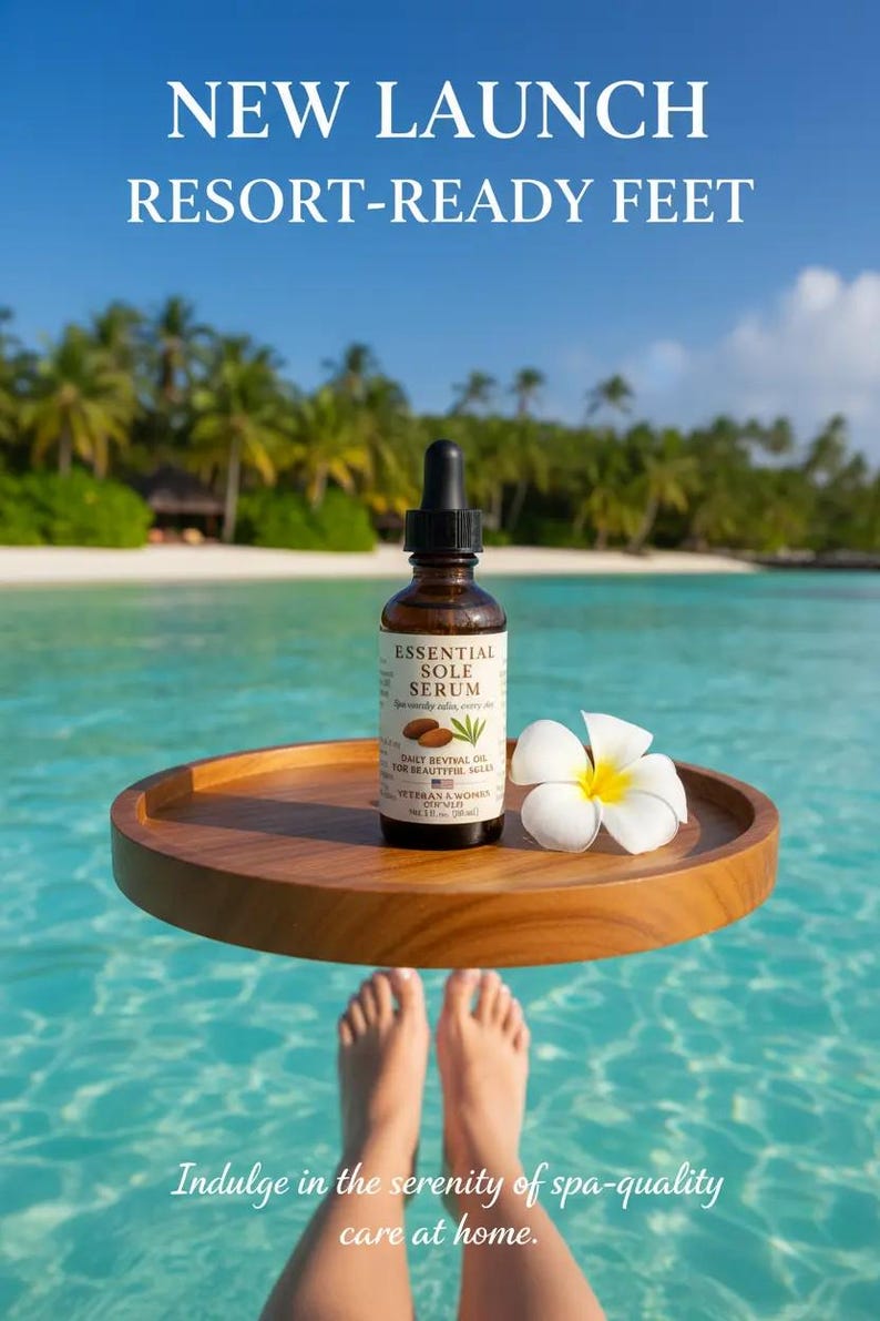 Puede incluir: Una botella de vidrio marr&oacute;n de Essential Sole Serum con un cuentagotas, colocada en una bandeja de madera con una flor blanca. El texto "NEW LAUNCH RESORT-READY FEET" est&aacute; en la parte superior. La imagen tambi&eacute;n incluye el texto "Indulge in the serenity of spa-quality care at home."