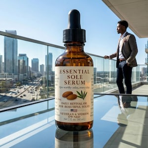 Puede incluir: Una botella de vidrio marr&oacute;n de Essential Sole Serum con un cuentagotas negro, sobre un horizonte urbano. La etiqueta dice "Essential Sole Serum" y "Daily Revival Oil for Beautiful Soles." La botella contiene 60 ml.