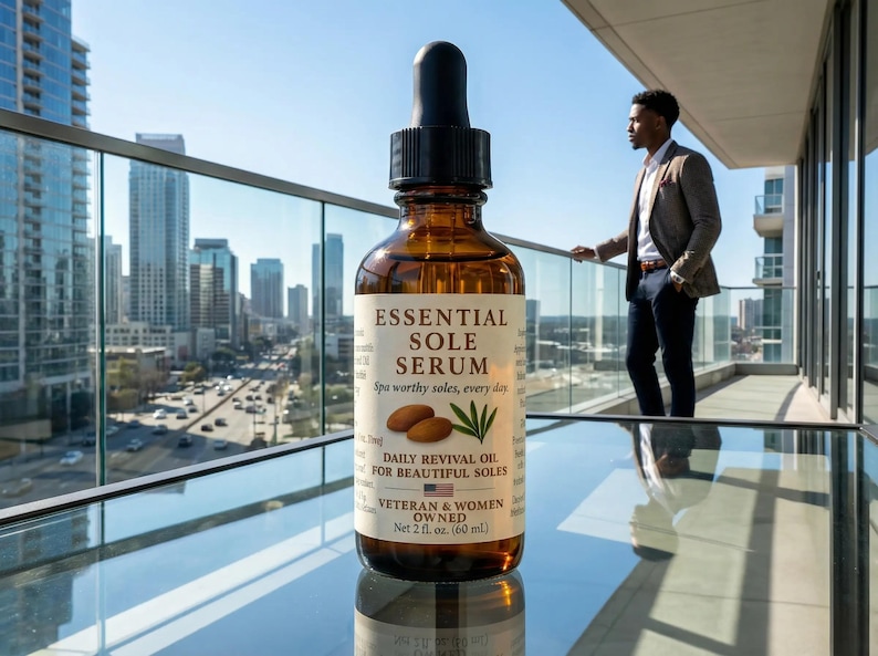 Puede incluir: Una botella de vidrio marr&oacute;n de Essential Sole Serum con un cuentagotas negro, sobre un horizonte urbano. La etiqueta dice "Essential Sole Serum" y "Daily Revival Oil for Beautiful Soles." La botella contiene 60 ml.