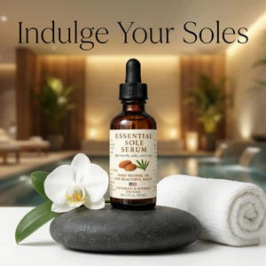 Puede incluir: Una botella de vidrio marr&oacute;n de Essential Sole Serum con un cuentagotas negro, ilustraciones de almendras y hojas, y el texto "Indulge Your Soles". Una orqu&iacute;dea blanca, una piedra negra y una toalla blanca enrollada est&aacute;n en primer plano.