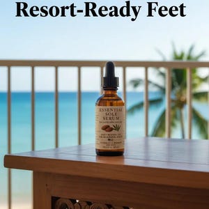 Puede incluir: Una botella de vidrio &aacute;mbar de Essential Sole Serum con un cuentagotas, colocada sobre una mesa de madera con un fondo de playa. La etiqueta presenta texto e ilustraciones. La imagen incluye el texto "New Launch Resort-Ready Feet".