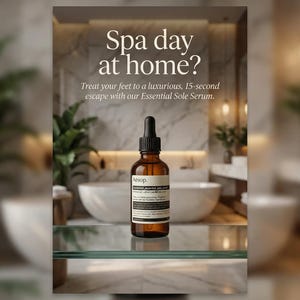 Puede incluir: Una botella de vidrio marr&oacute;n con un cuentagotas negro es el punto focal de esta imagen. La botella est&aacute; etiquetada con texto blanco. El fondo muestra un ba&ntilde;o con el texto "Spa day at home?" y el nombre del producto.