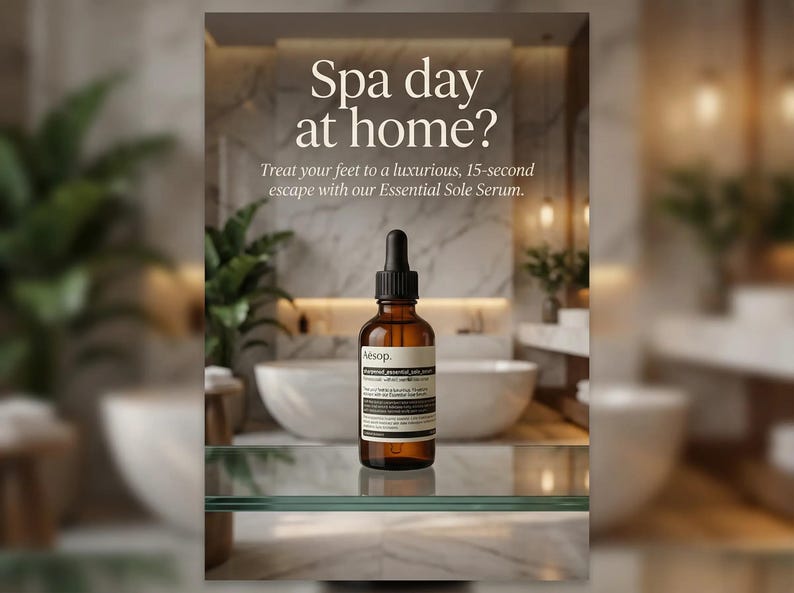 Puede incluir: Una botella de vidrio marr&oacute;n con un cuentagotas negro es el punto focal de esta imagen. La botella est&aacute; etiquetada con texto blanco. El fondo muestra un ba&ntilde;o con el texto "Spa day at home?" y el nombre del producto.